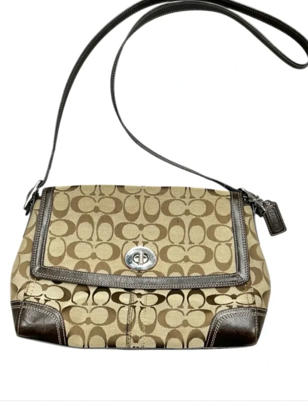 Coach Beige Signature Canvas Crossbody with Brown Leather Trim
